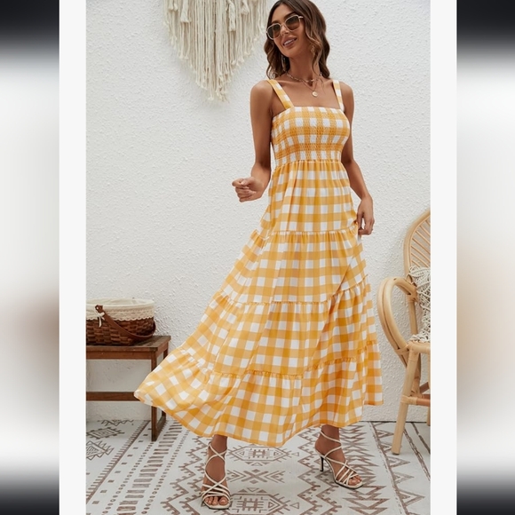 Women's yellow gingham summer boho flowy long dress Sz Large - Picture 6 of 8